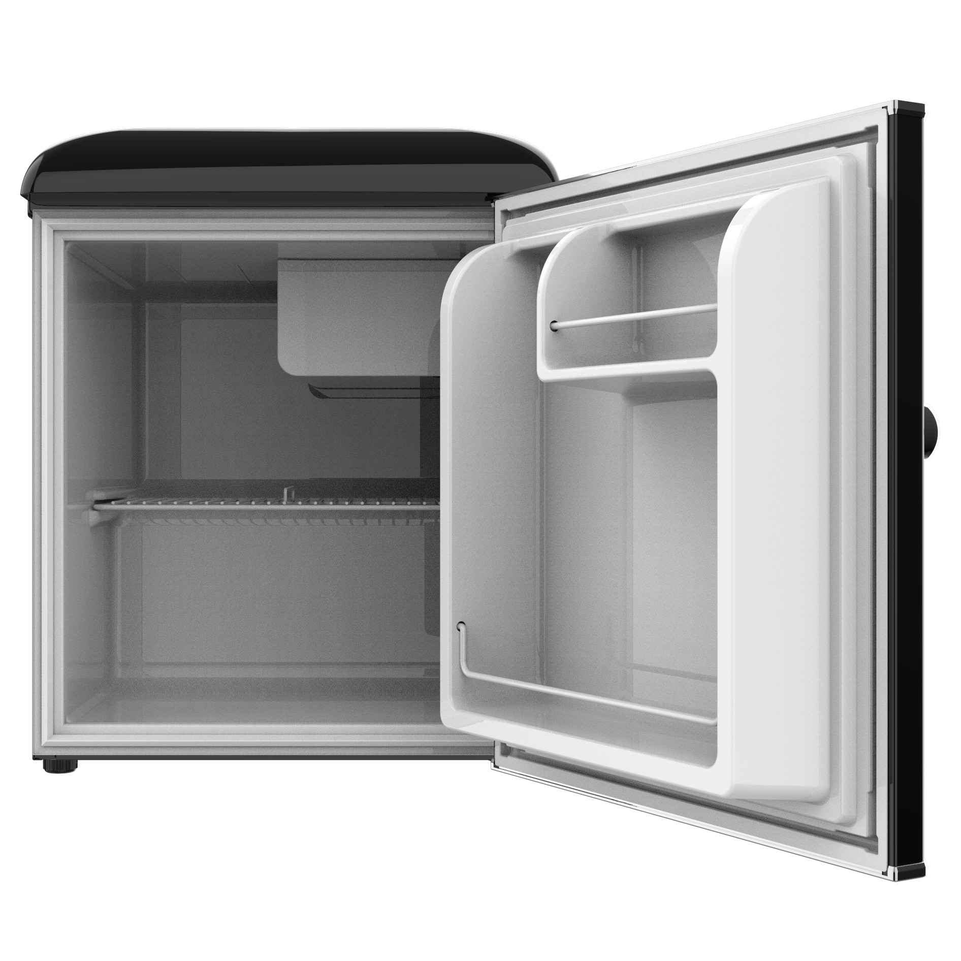 Un pequeño refrigerador con la puerta abierta, revelando estantes y un interior blanco.