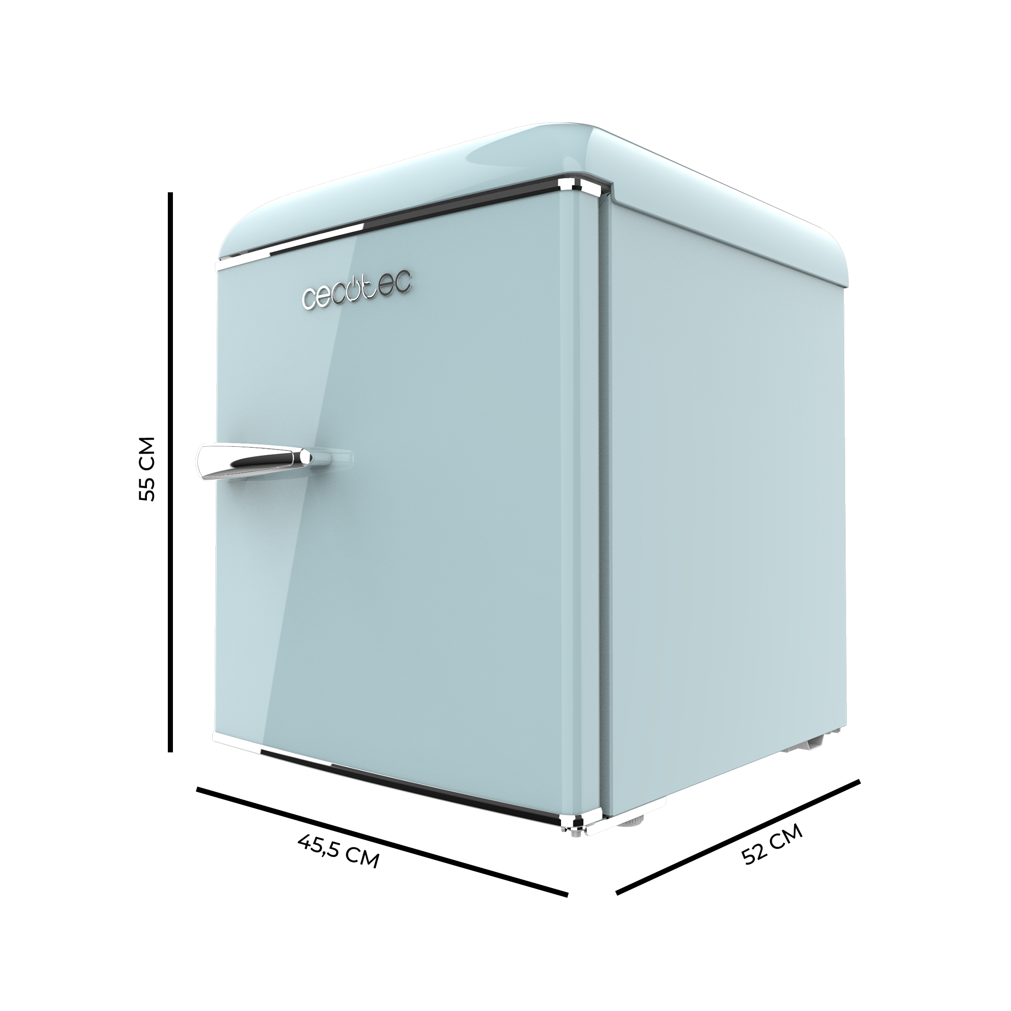 Un refrigerador pequeño, azul claro, de estilo retro sobre fondo negro.