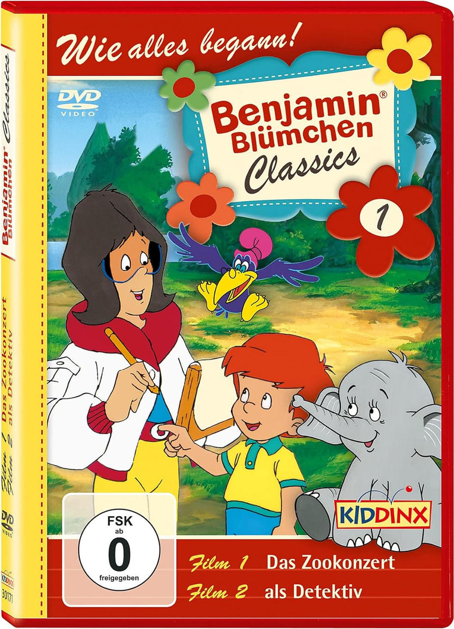 DVD-Hülle mit Zeichentrickfiguren, darunter ein Mann, ein Junge und ein grauer Elefant.