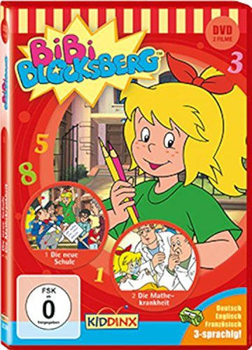 DVD-Cover von Bibi Blocksberg, ein junges Mädchen mit blonden Haaren, hält Bleistifte. Buntes Design.