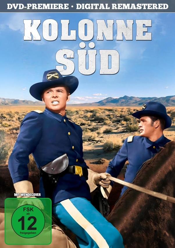 DVD-Cover von 'Kolonne Süd' mit zwei Männern in blauen Uniformen auf Pferden. Berge im Hintergrund.