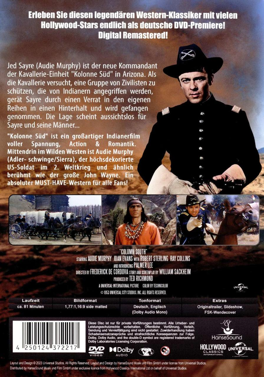 DVD-Cover eines Westernfilms, der einen Mann in Uniform zeigt, mit Text und Bildern.