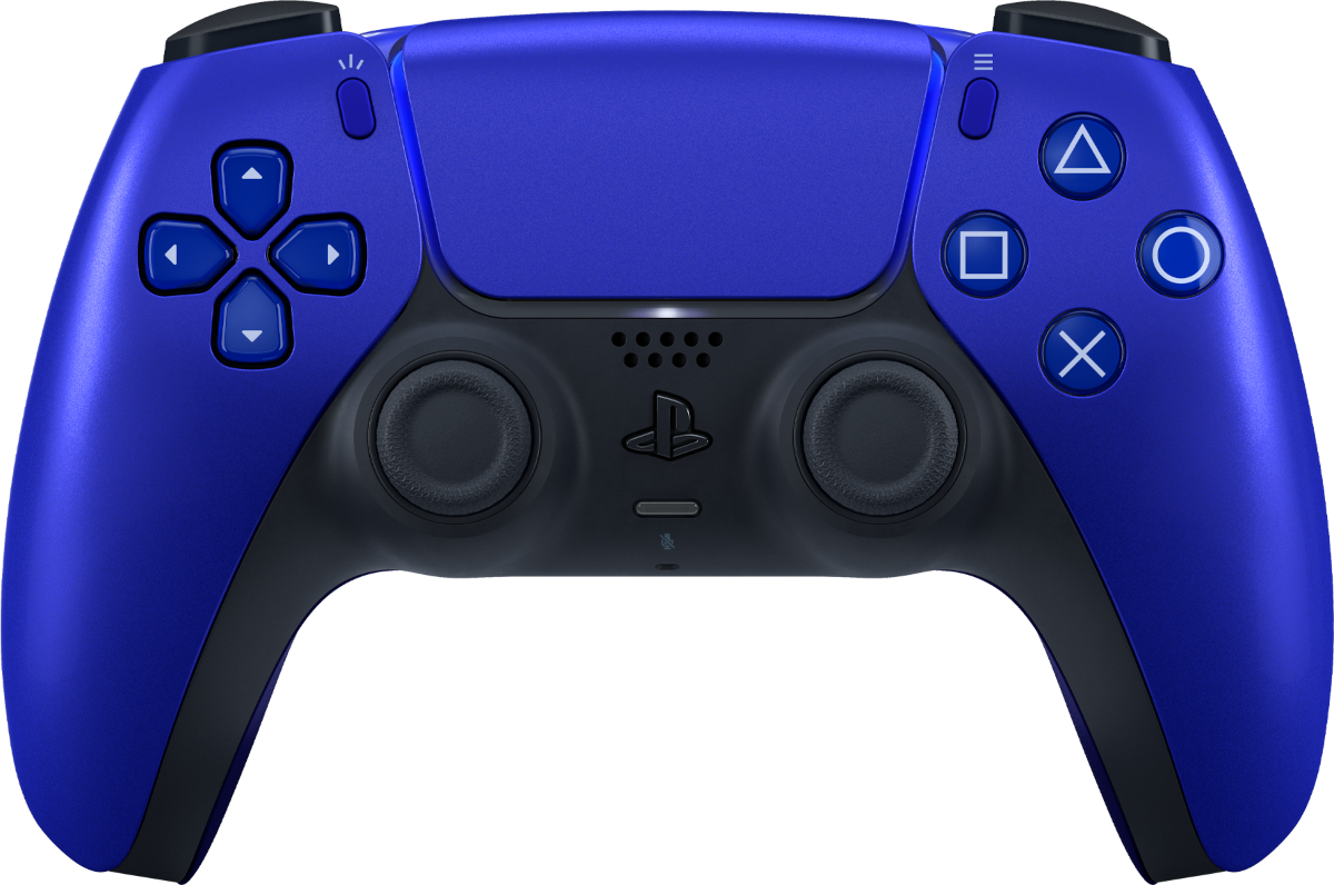 Egy kék Playstation 5 kontrollert fekete részletekkel és gomb szimbólumokkal.