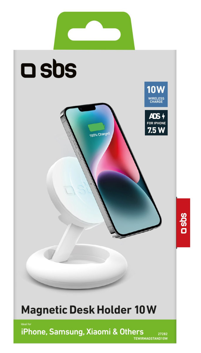 Biała podstawka ładująca z telefonem. Telefon pokazuje ekran ładowania.