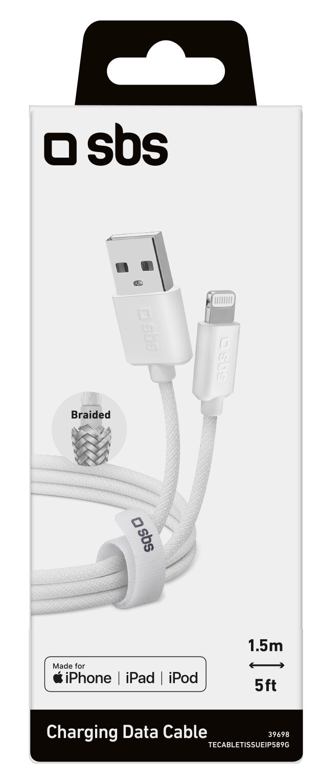 Biały kabel ładujący do iPhone'a, iPada i iPoda z logo SBS na pudełku.