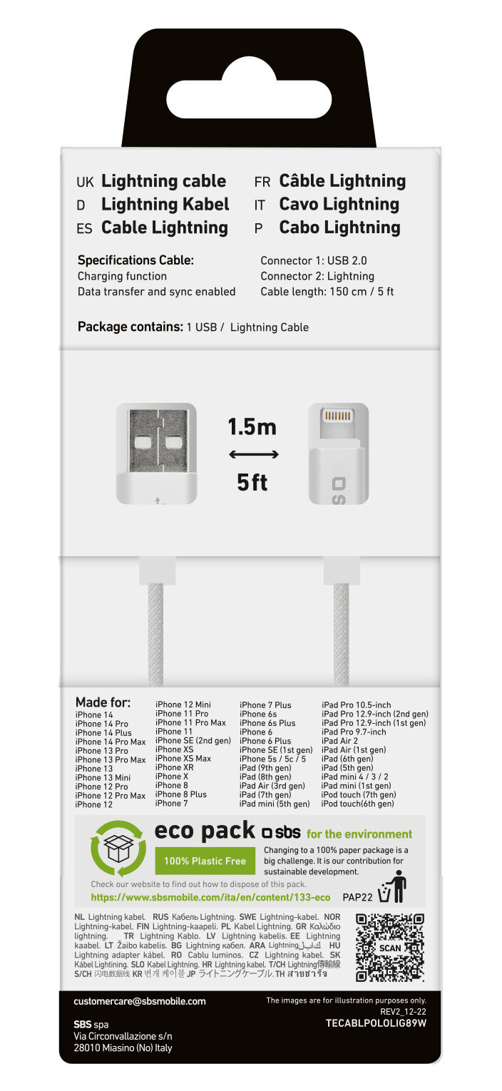Białe opakowanie kabla Lightning, pokazujące kabel i jego funkcje.