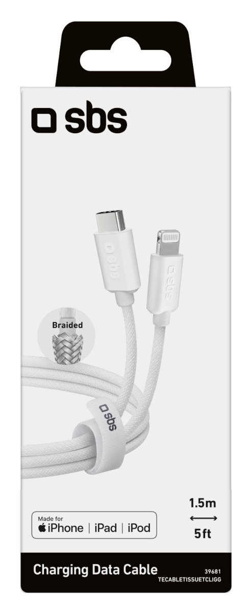 Biały kabel do ładowania danych w pudełku, z etykietami 'sbs' i 'pleciony'.