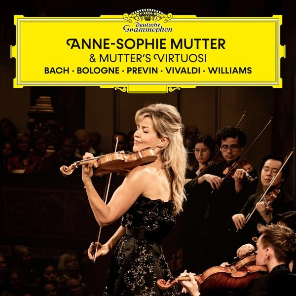 Anne-Sophie Mutter spielt Geige mit Orchester, mit Text "Anne-Sophie Mutter & Mutter's Virtuosi".