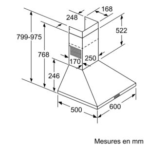 Diagram van een afzuigkap met afmetingen in millimeters.