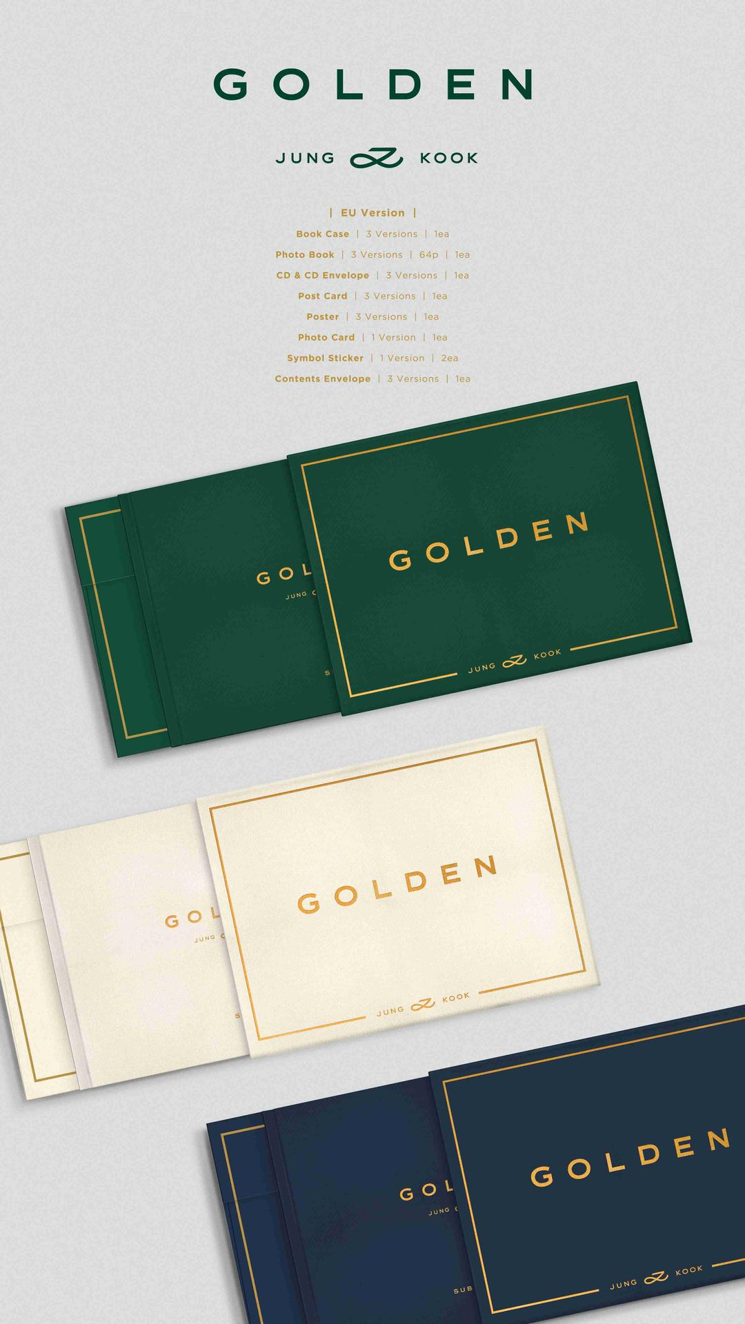 Plusieurs ensembles de livres et de cartes de l'album Golden sont affichés en blanc, vert et bleu marine, avec des lettres dorées.