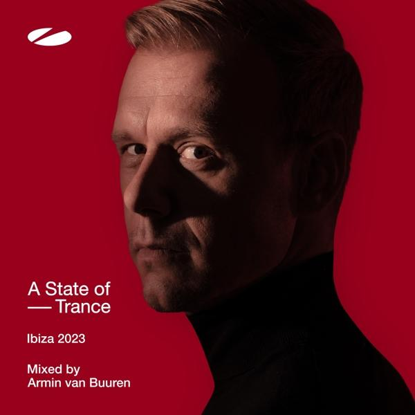 Album borító: Armin van Buuren portréja, piros háttér, szöveg 'A State of Trance Ibiza 2023'.