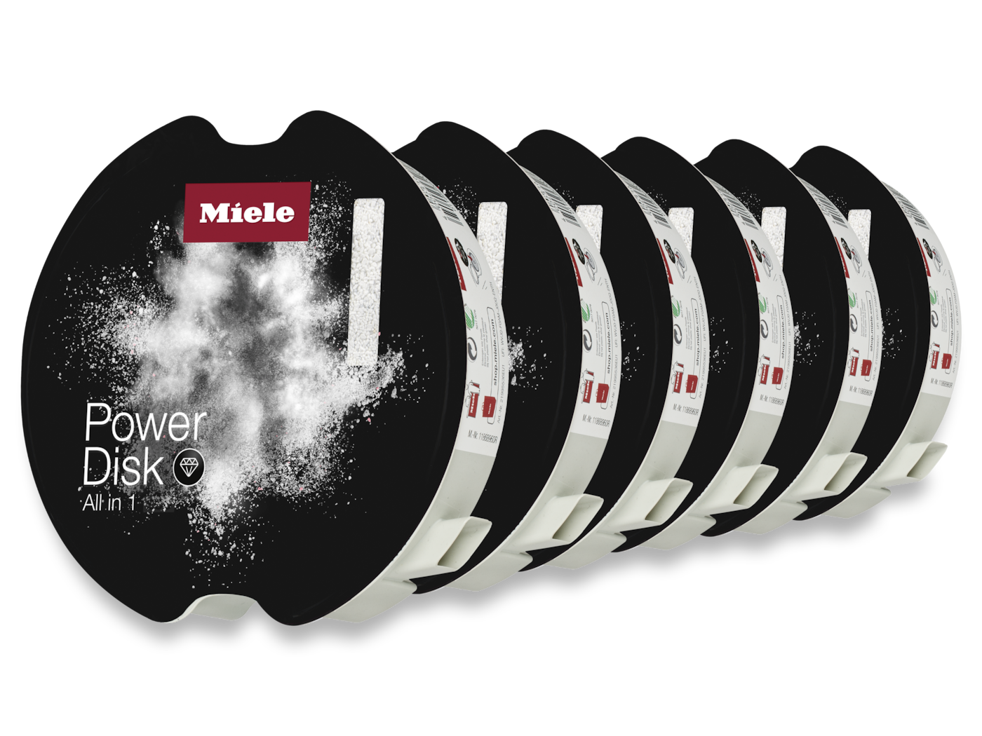 Sieben schwarze Miele Power Disk-Boxen sind gestapelt. Jede hat weiße Akzente. Die erste hat eine weiße Pulverexplosion-Grafik und das Miele-Logo.