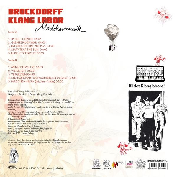 Albumcover für 'Mädchenmusik' mit Titelliste und Bildern. Enthält einen Cartoon und einen Ballon.