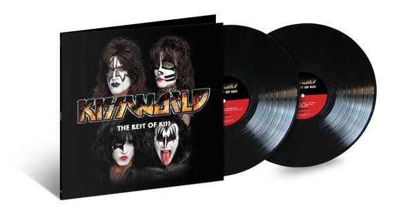 Vinyl-Albumcover mit vier Bandmitgliedern im Make-up und zwei schwarzen Schallplatten.