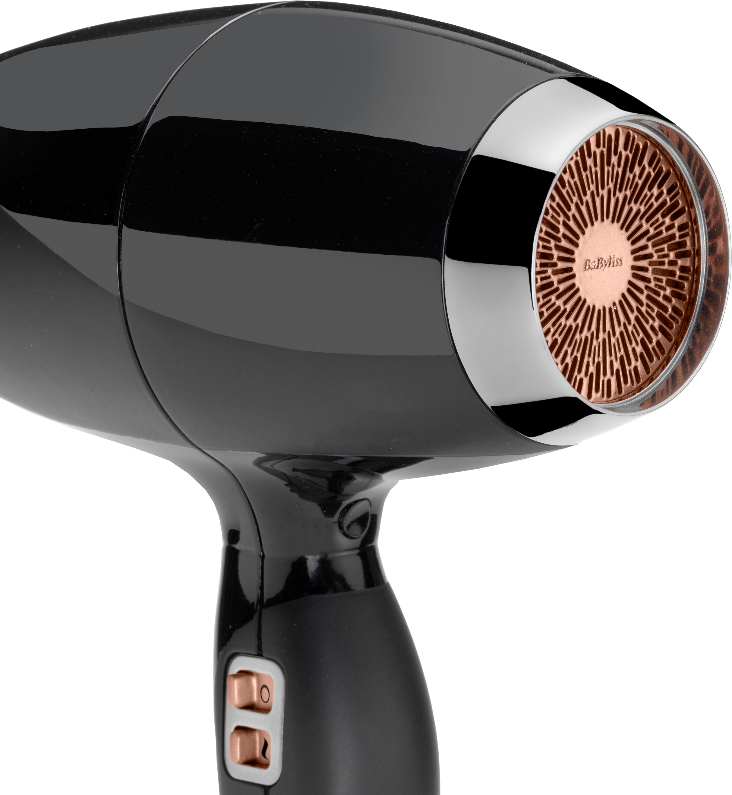 Un sèche-cheveux noir avec une buse de couleur bronze. La poignée a deux boutons.