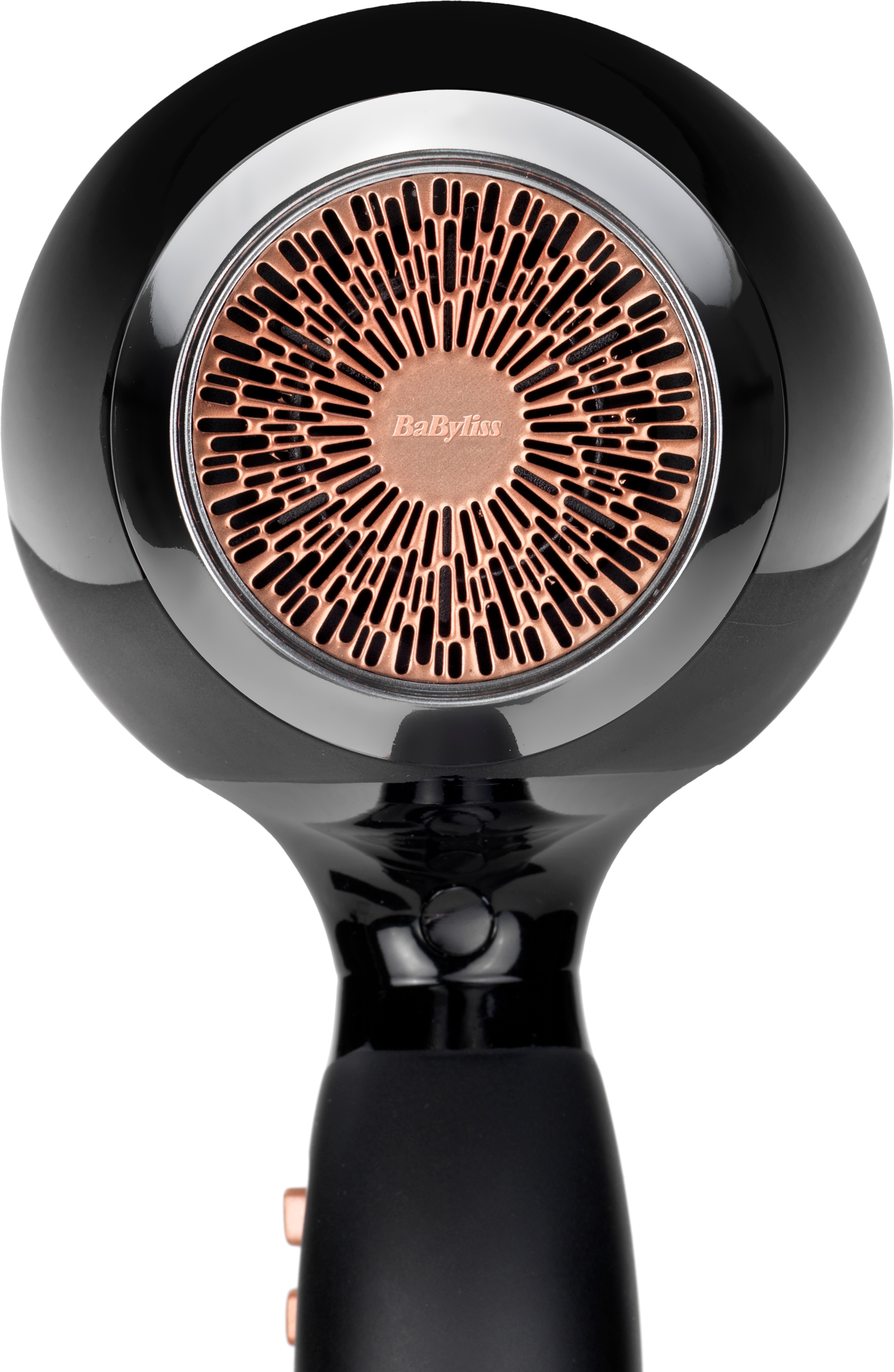 Gros plan sur un sèche-cheveux noir avec une grille et des boutons en or rose. Fond blanc.