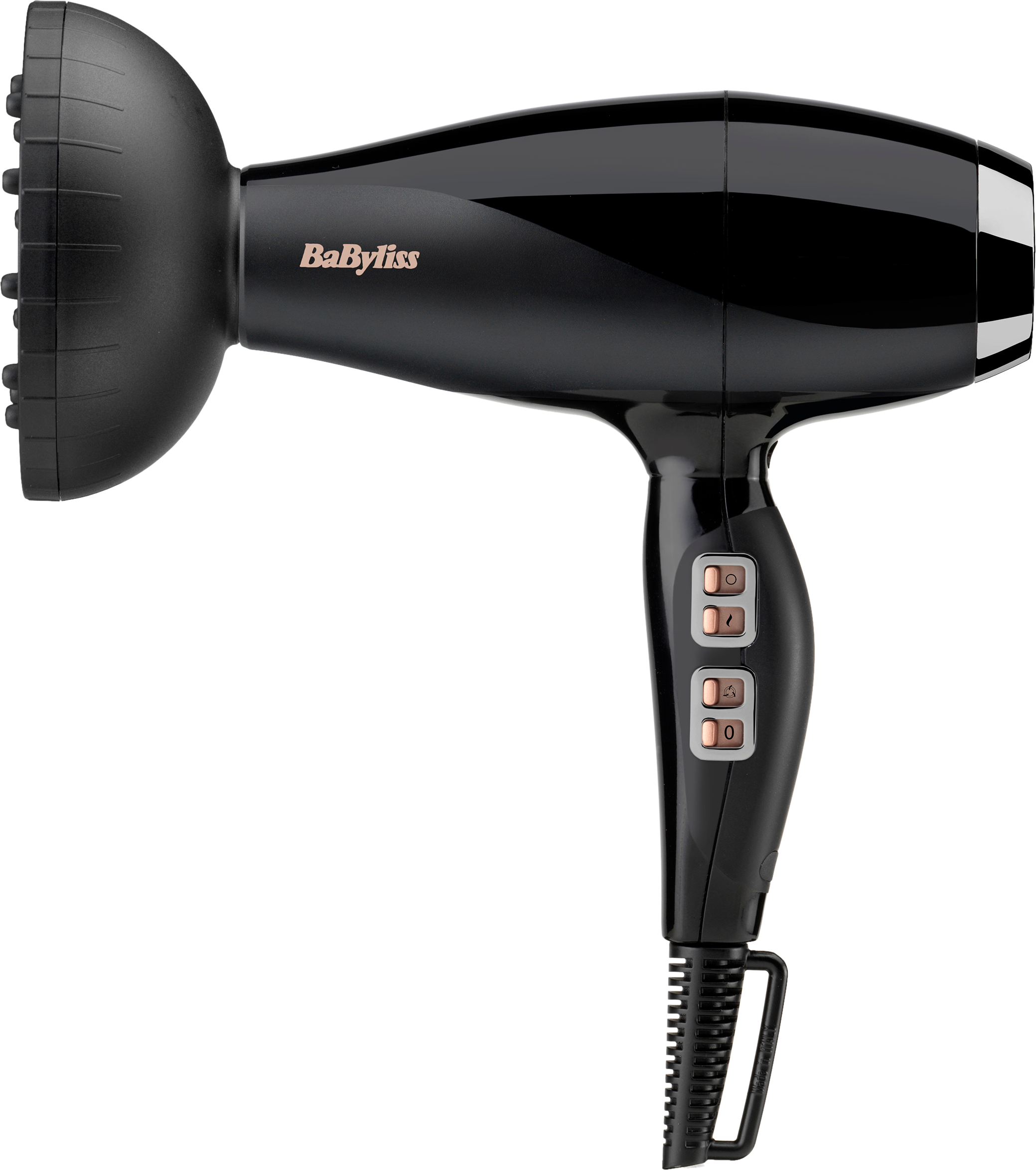 Un sèche-cheveux noir avec buse diffuseur. Logo de la marque Babyliss. Isolé sur fond blanc.