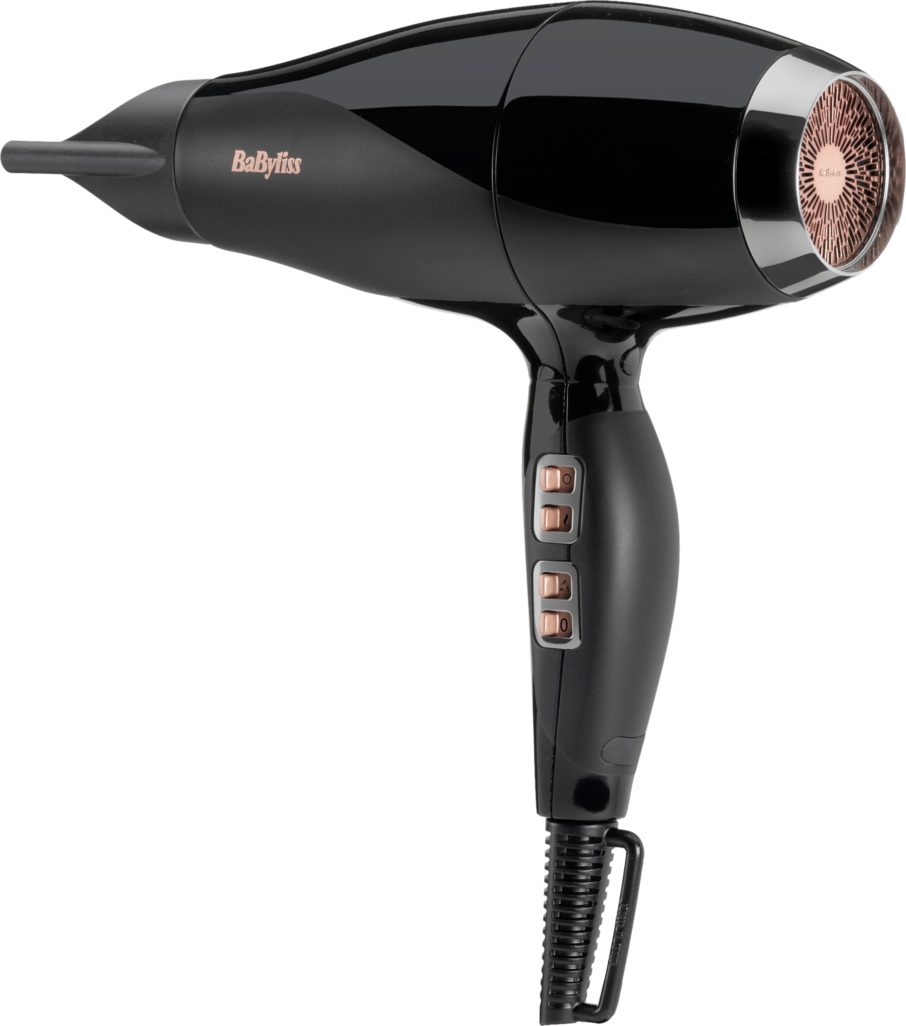 Sèche-cheveux BaByliss noir avec accents or rose, manche noir, fond blanc.