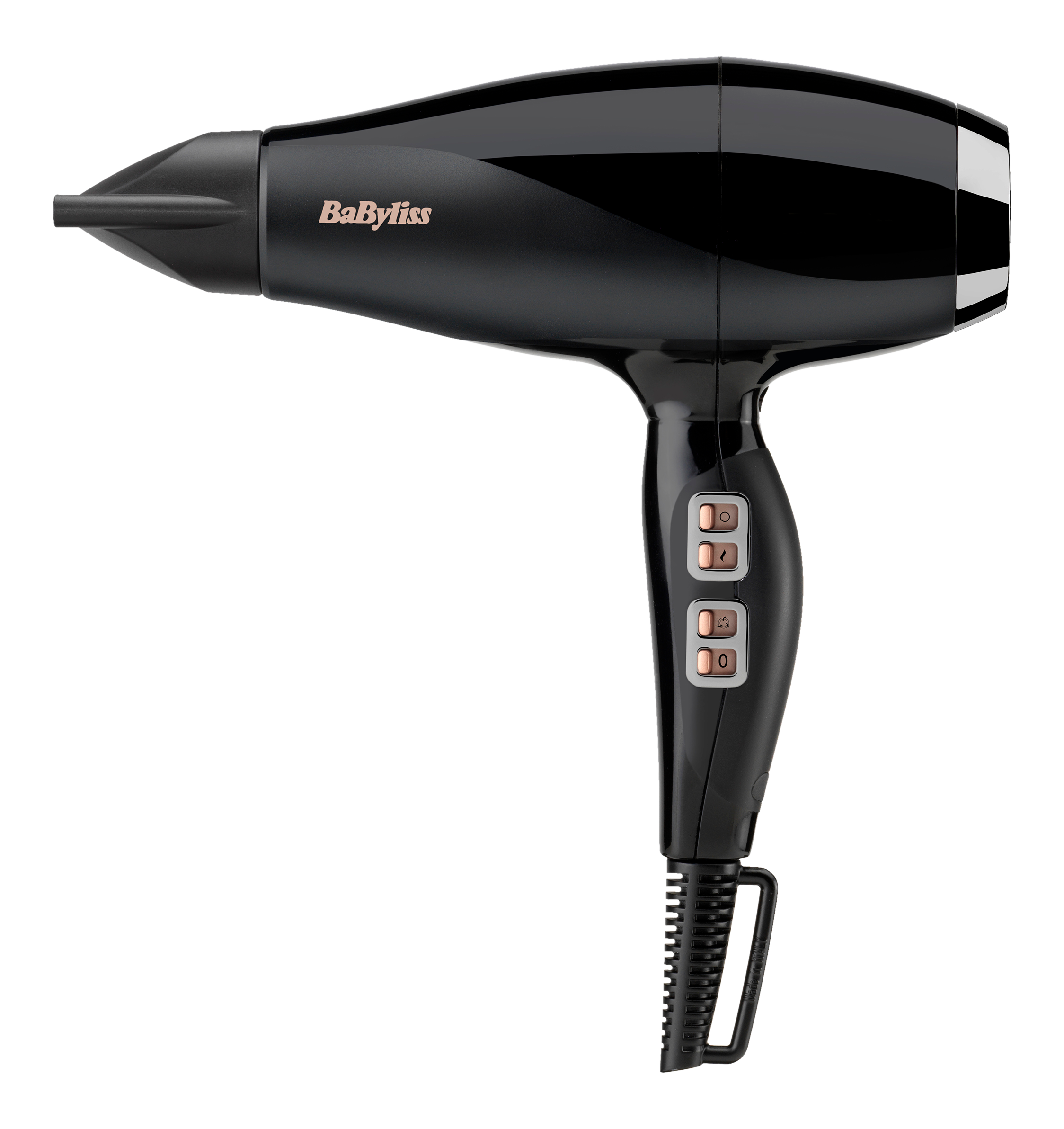 Sèche-cheveux Babyliss noir avec boutons et embout or rose, sur fond noir.