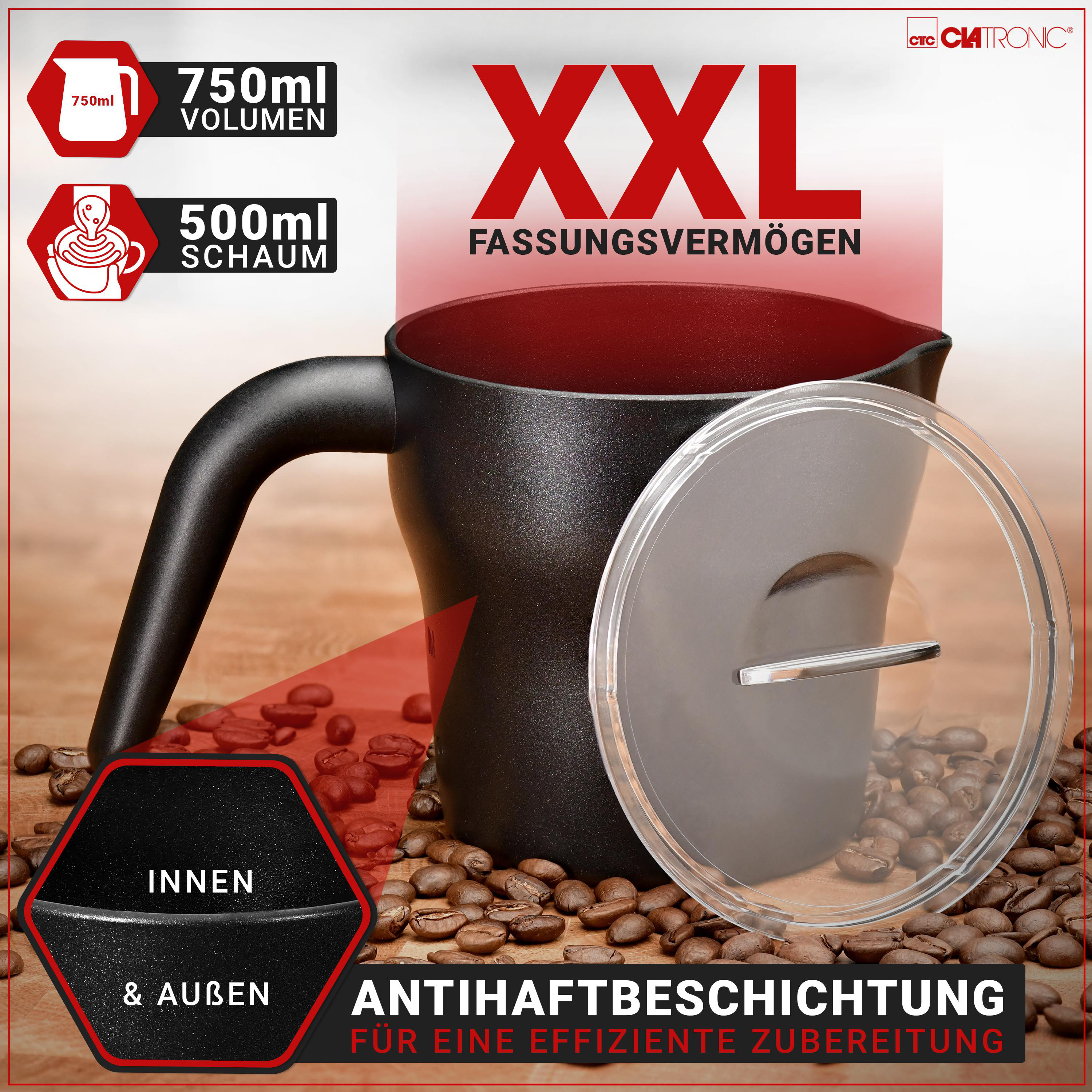 Ein schwarzer und roter Milchaufschäumer mit Text und Kaffeebohnen.