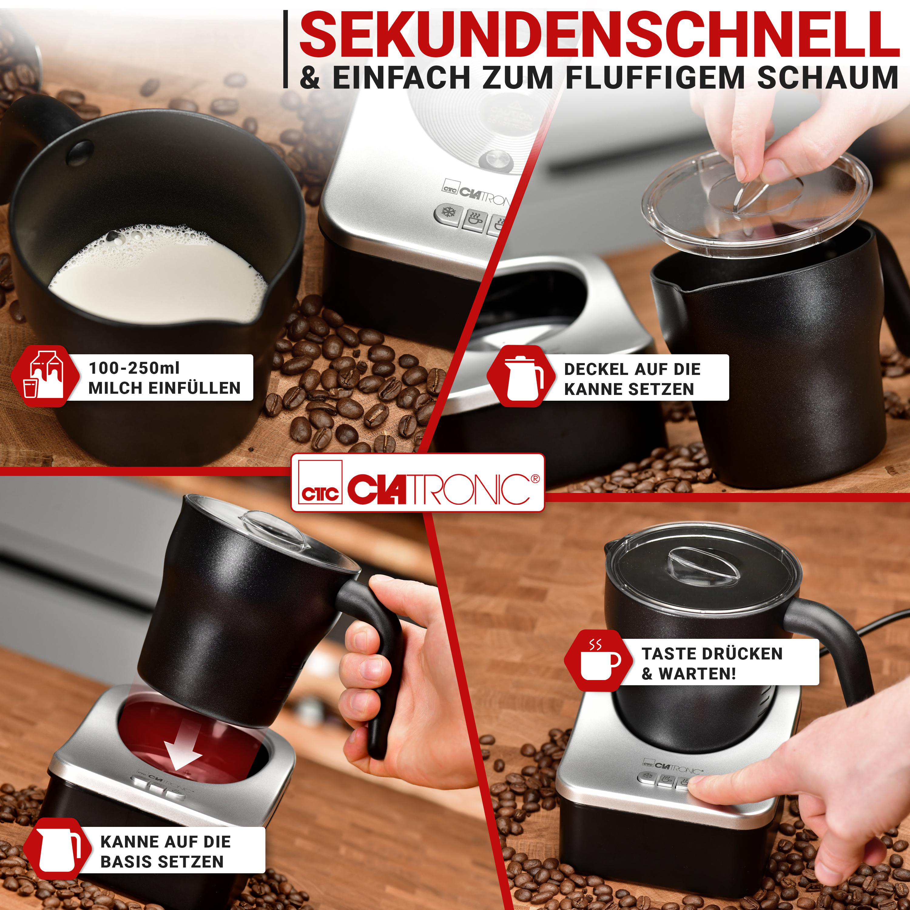 Schritte zur Verwendung eines Milchaufschäumers, mit deutschem Text.
