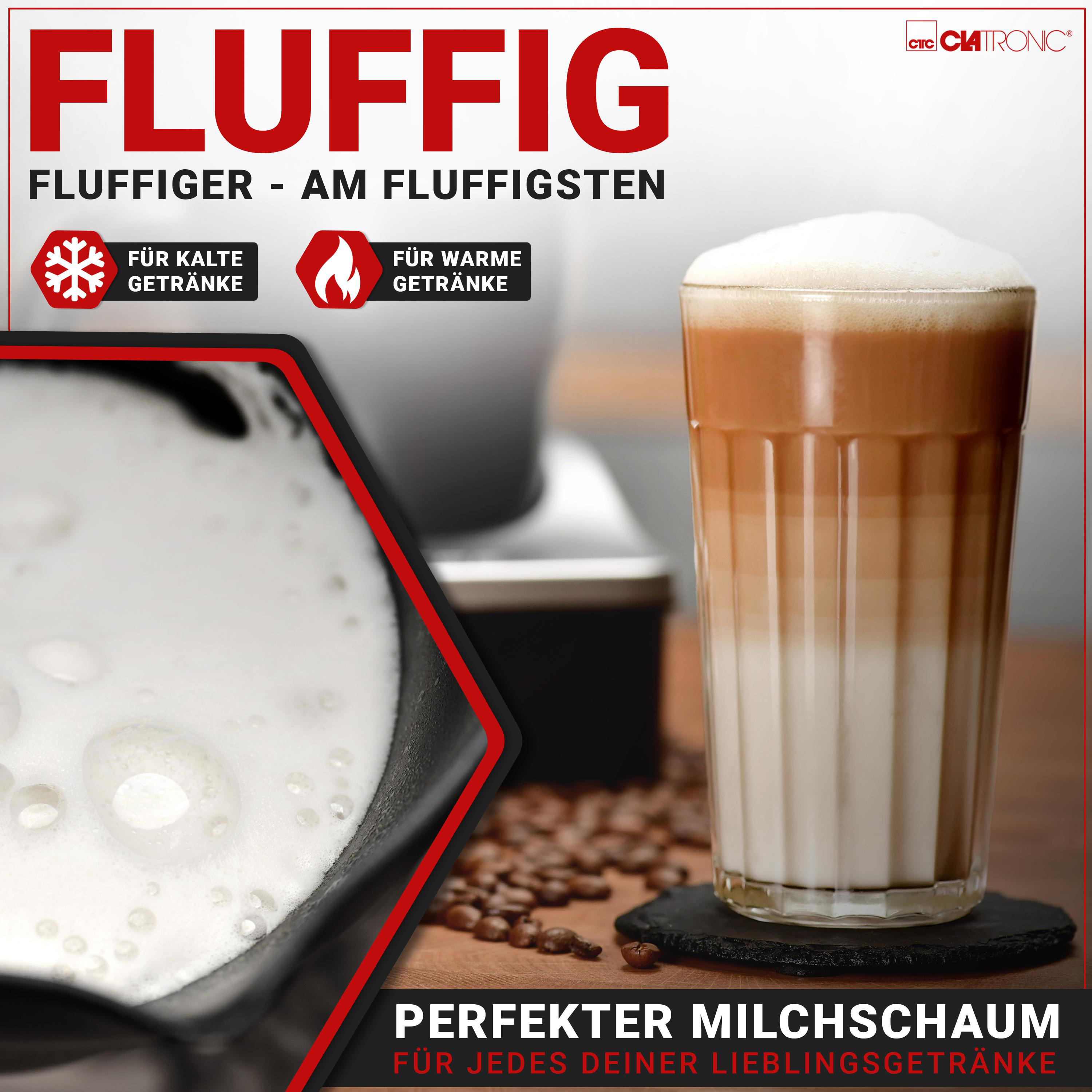 Kaffeegetränk mit Schaum. Text und Kaffeebohnen im Hintergrund.