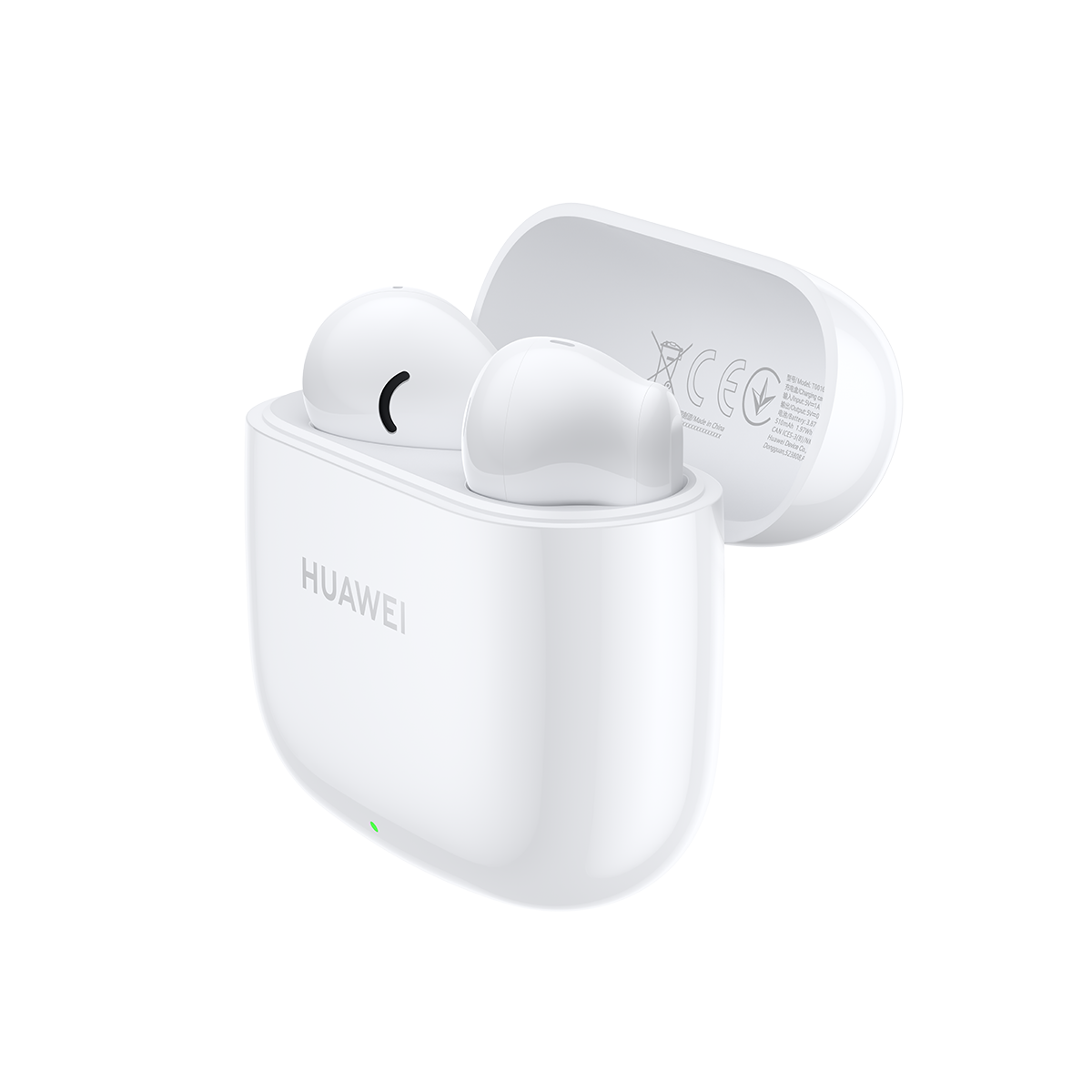 Beyaz kulaklıklar şarj kutularında, Huawei logosu görünür durumda.