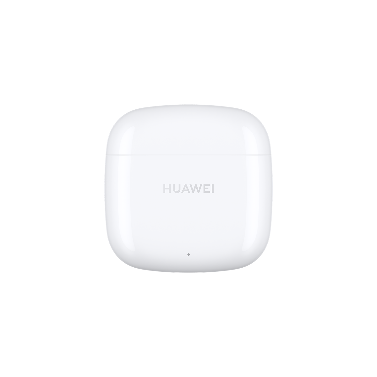 Beyaz Huawei kulaklık şarj kutusu. Kutu kapalı ve Huawei logosu var.