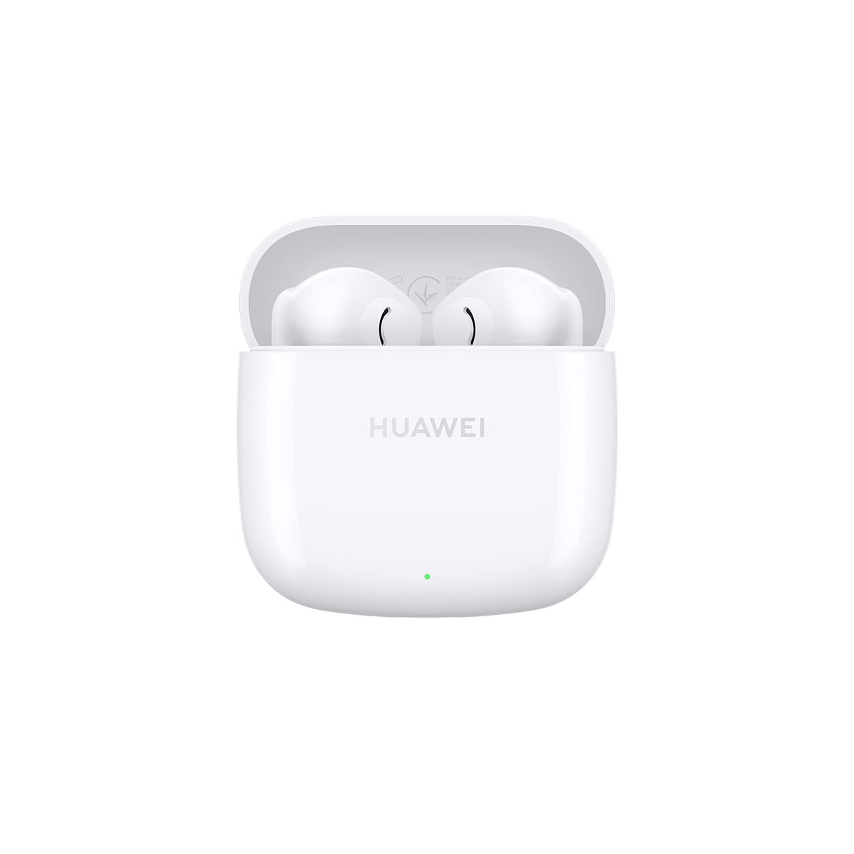 Beyaz Huawei kulaklıklar şarj kutusunda. Kutu açık, kulaklıklar görünüyor. Siyah zemin.