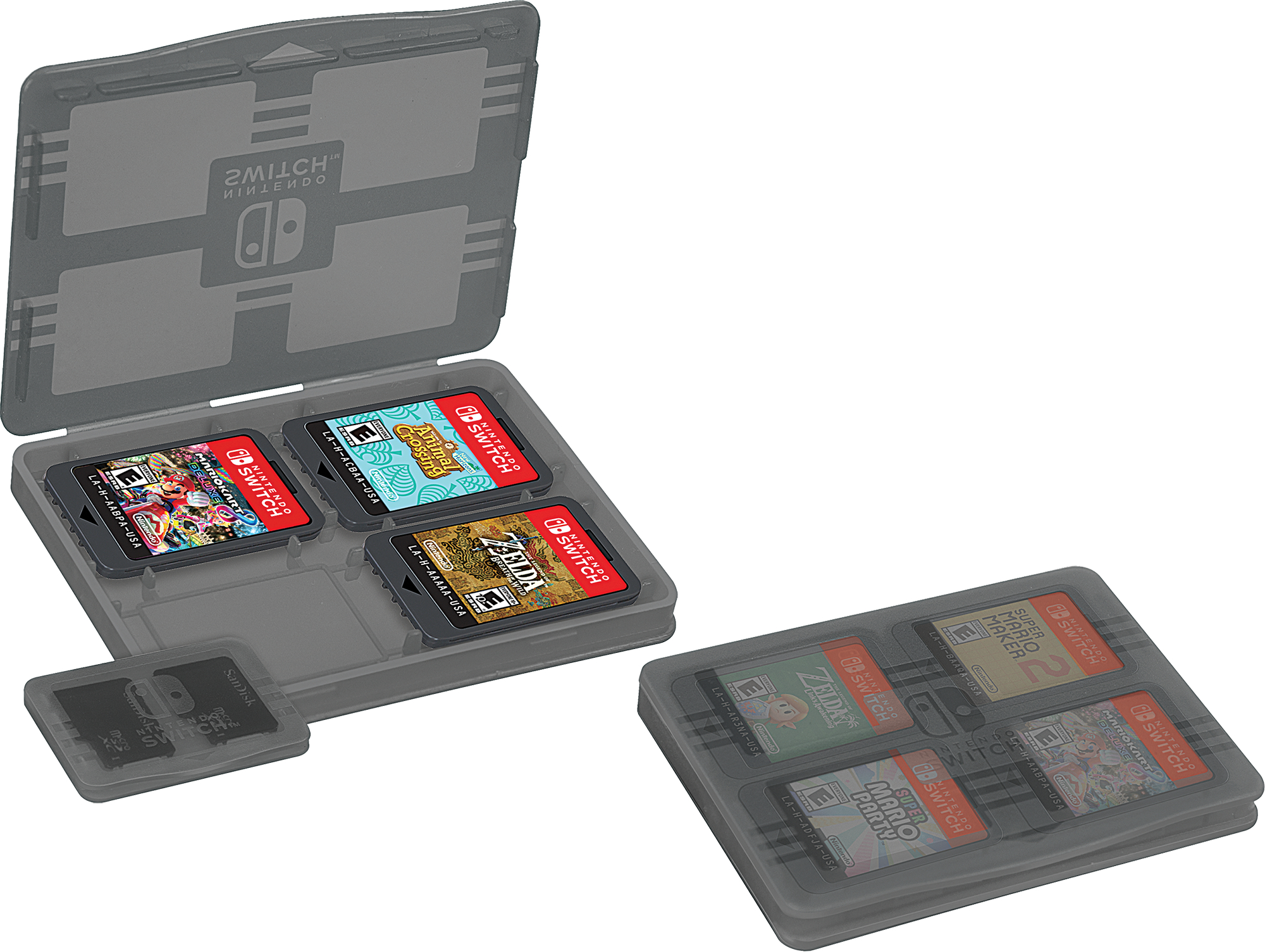 Offene graue Switch-Spielhülle mit Spielen darin. Eine weitere Hülle mit Spielen ist rechts sichtbar.