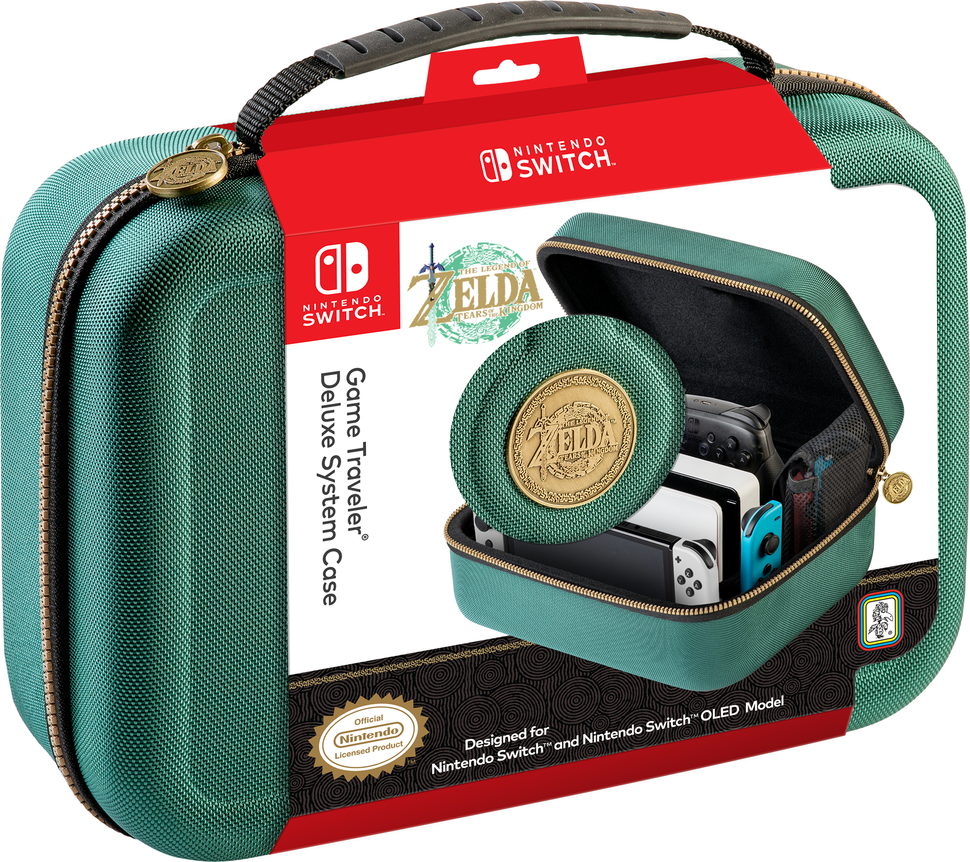 Nintendo Switch-Hülle, grün mit goldenen Akzenten. Geöffnet, Konsole, Controller und Zubehör.