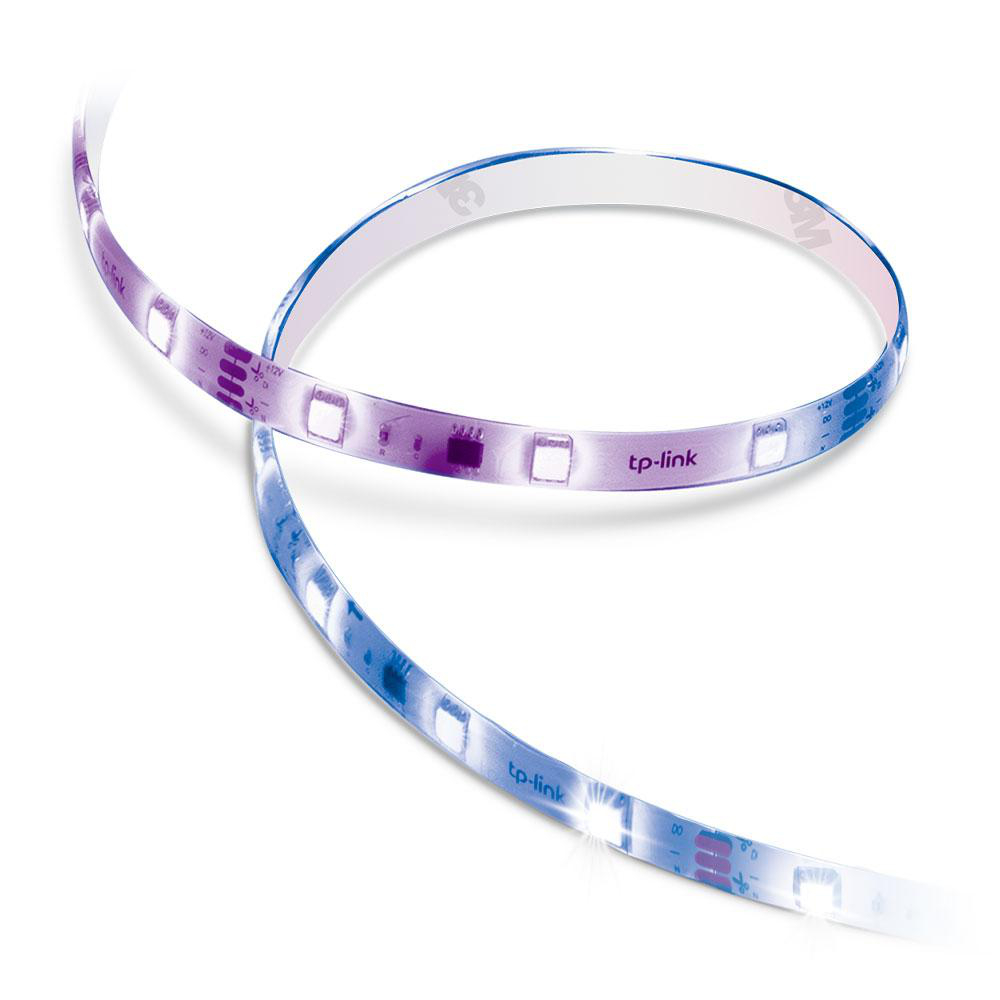 Ein flexibles tp-link-Lichtband, das mit blauen und violetten Farbtönen beleuchtet wird. Der Streifen ist bogenförmig gebogen.