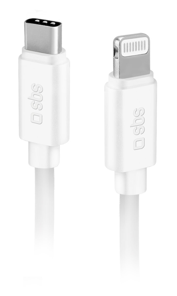 Biały kabel USB-C na Lightning. Ma złącza na obu końcach, z logo sbs.