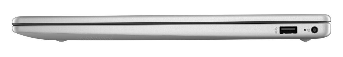 Srebrny laptop, widok z boku. Pokazuje porty USB i słuchawkowe.