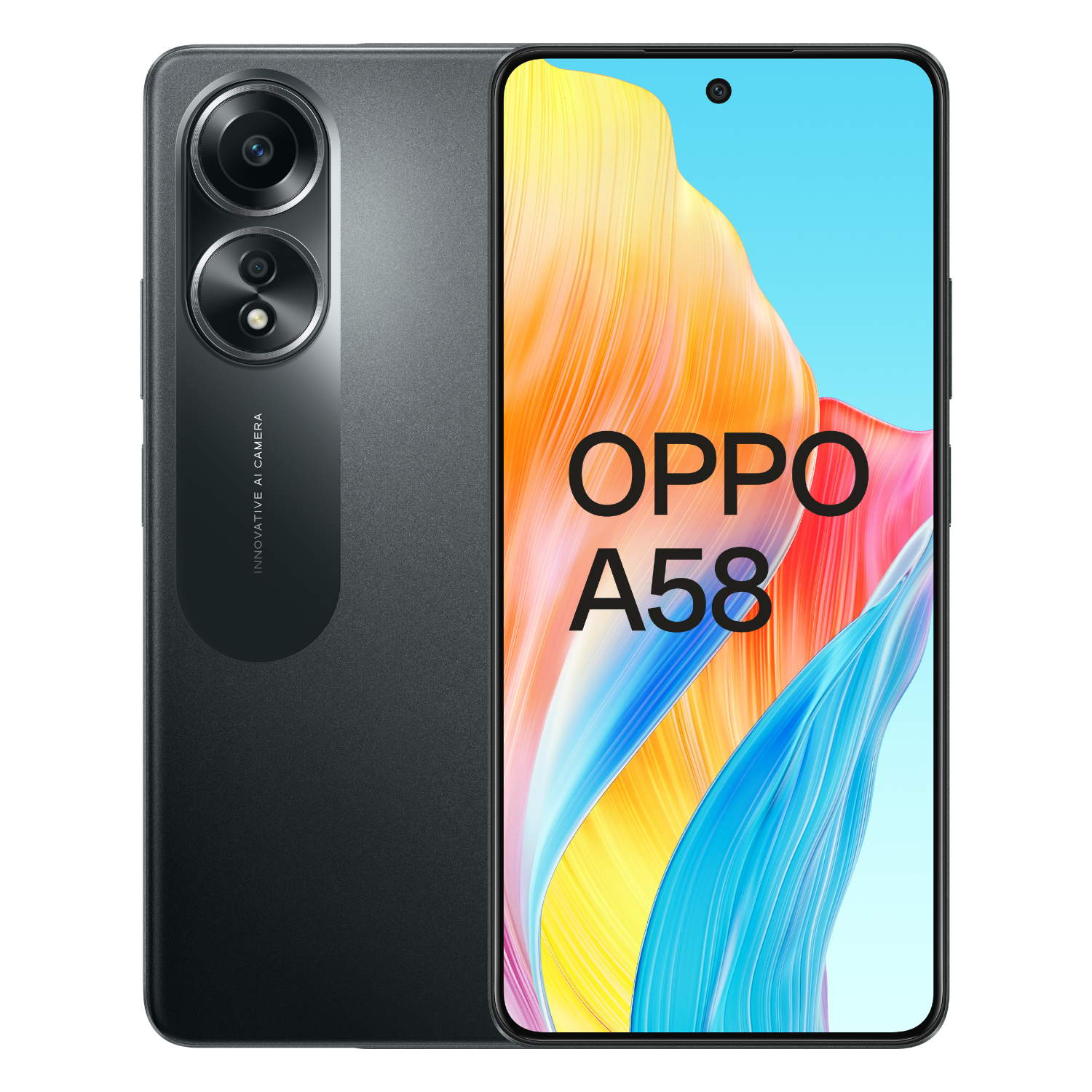 Een zwarte Oppo A58 telefoon, met een dubbele camera-opstelling en een levendige, kleurrijke abstracte achtergrond op het scherm.