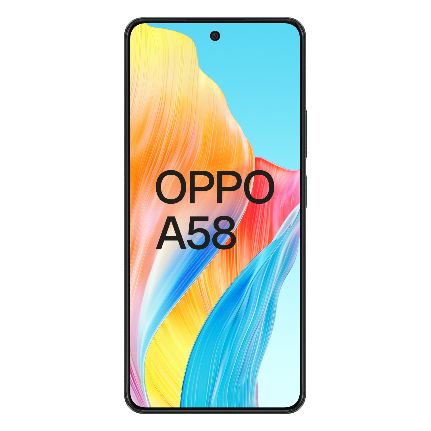Een smartphone met een oranje en blauw verlopend scherm met het OPPO A58 logo.
