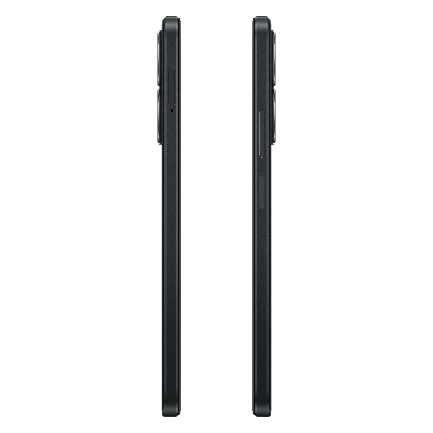 Twee zwarte telefoons van de zijkant, tegen een puur zwarte achtergrond.