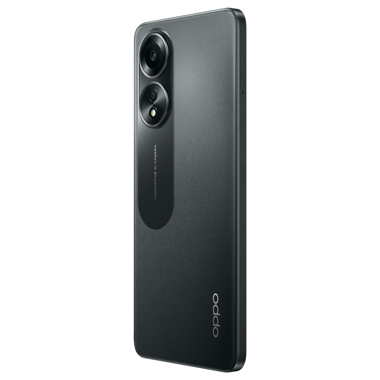 Zwarte Oppo-telefoon. Hij heeft twee camera's en een strak, zwart design. Het Oppo-logo is zichtbaar.