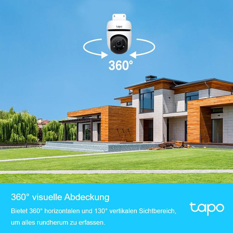 Eine Überwachungskamera über einem Haus, mit Blick auf die Umgebung. Die Kamera ist weiß.