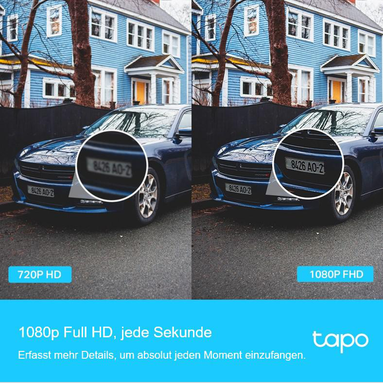 Zwei Bilder eines blauen Autos mit sichtbarem Kennzeichen. Ein Bild ist 720 HD, das andere 1080 FHD.
