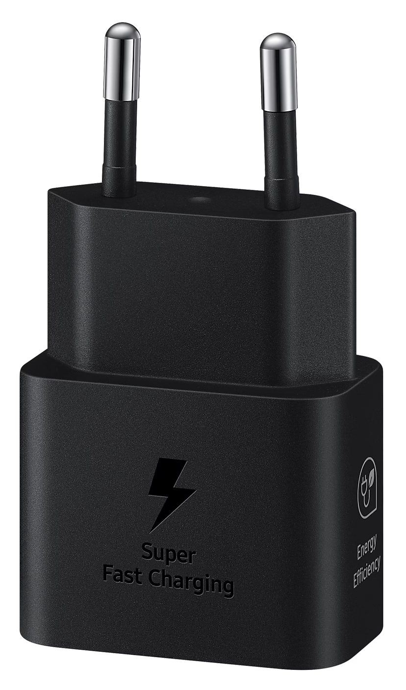 Fekete Samsung szupergyors töltőadapter két tűvel és az energiahatékonysági logóval.