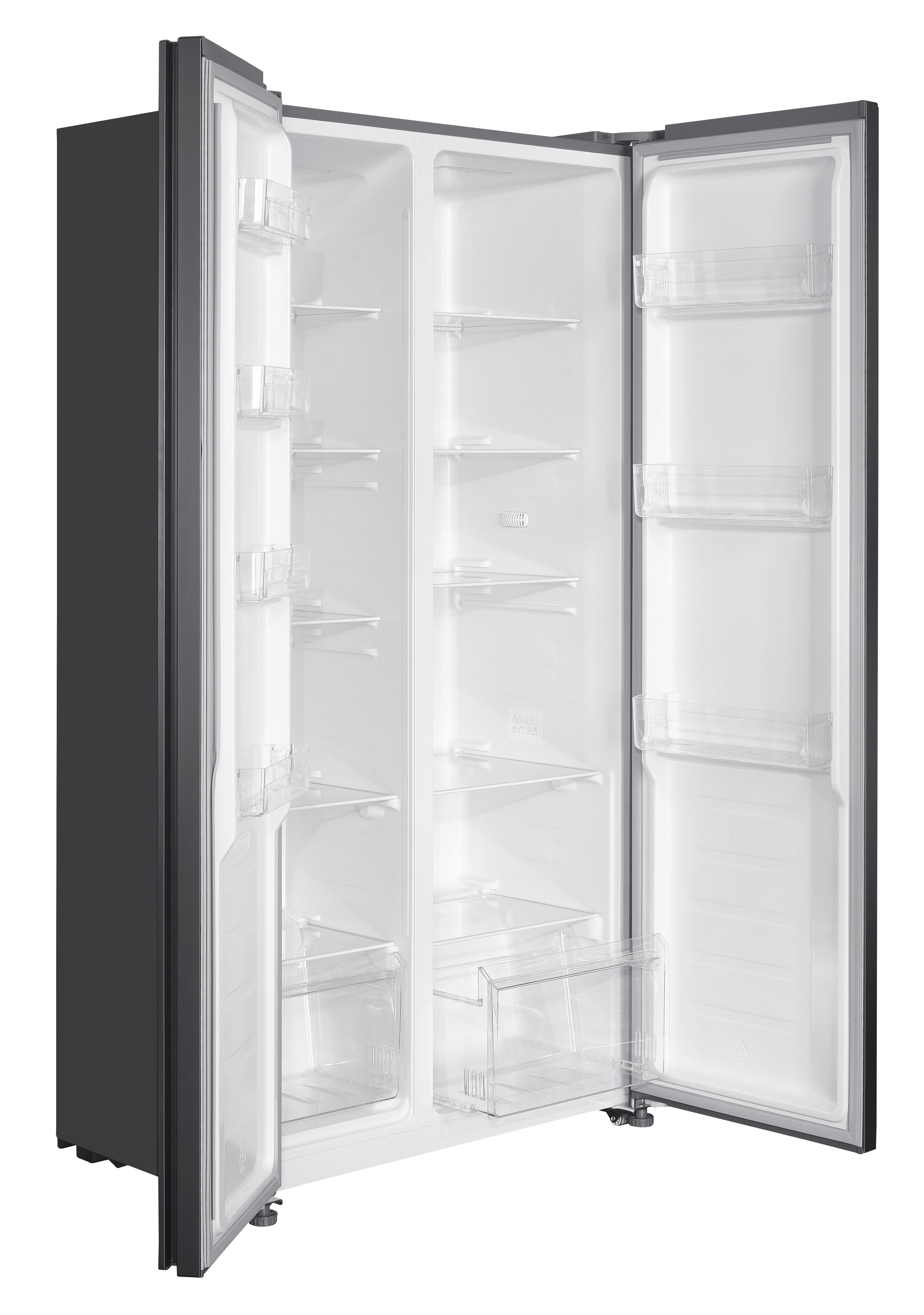 Side-by-Side-Kühlschrank mit offenen Türen. Der Innenraum ist weiß.