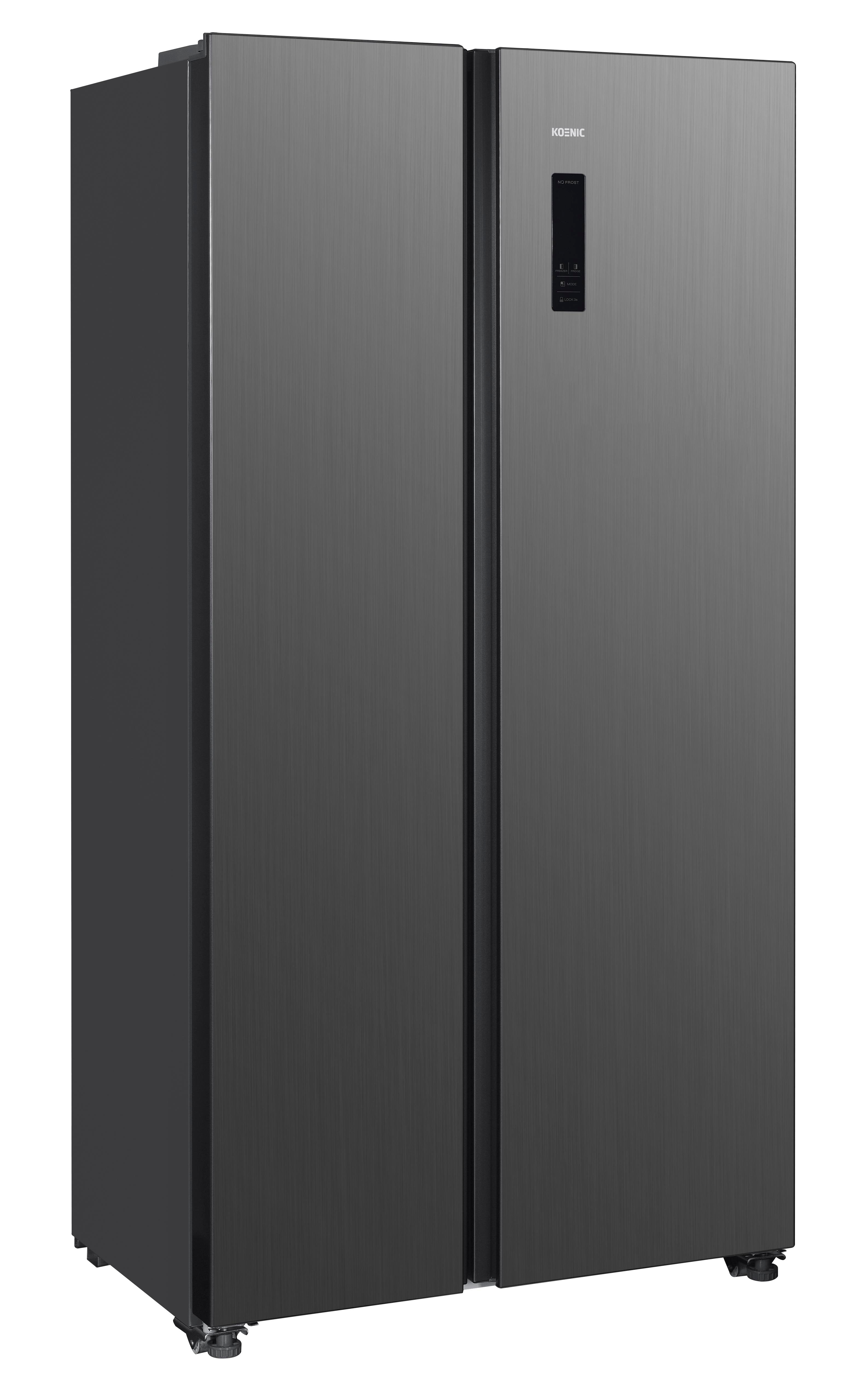 Ein schwarzer Side-by-Side-Kühlschrank mit zwei Türen, vor weißem Hintergrund.