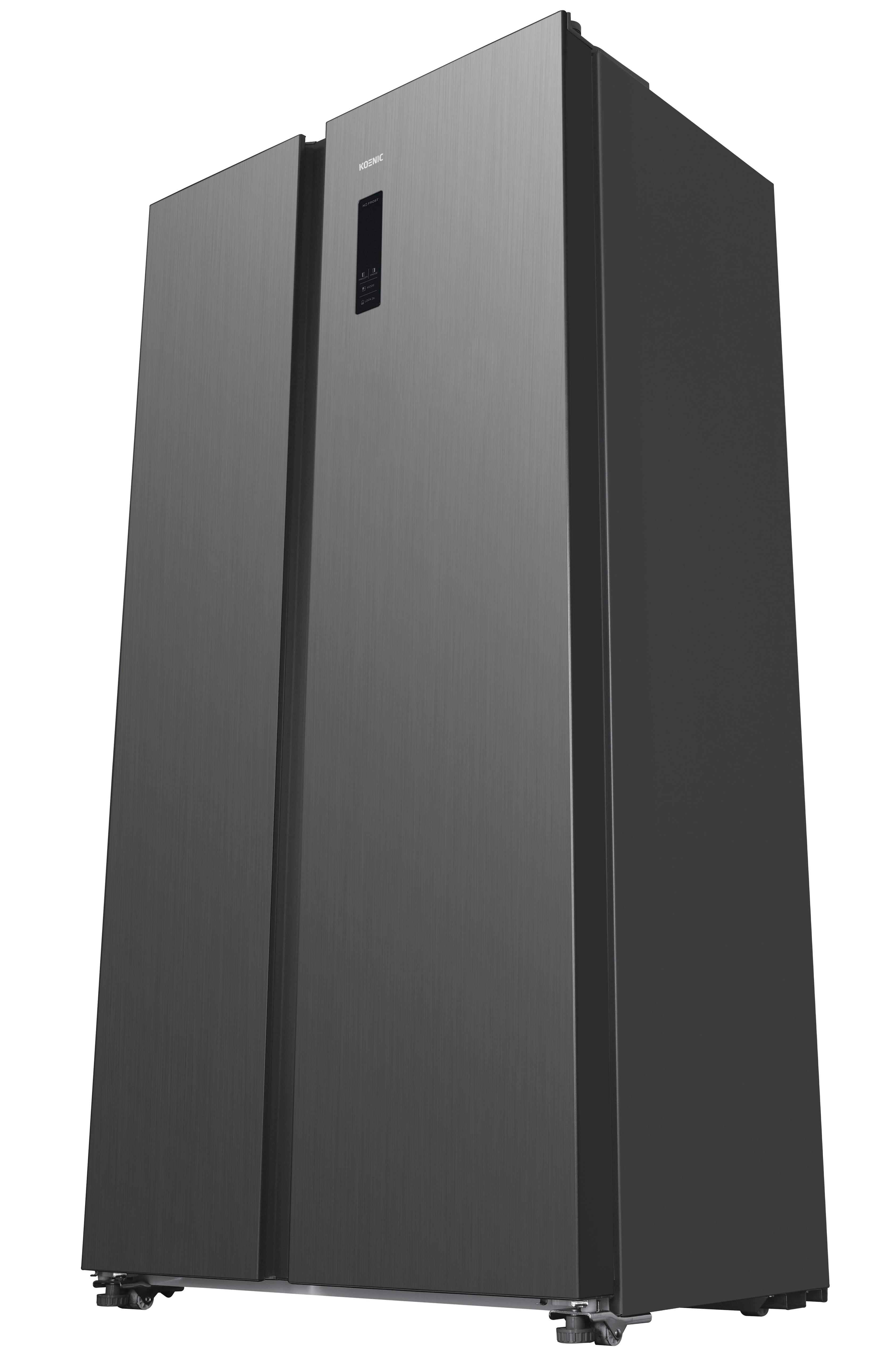 Dunkelgrauer Side-by-Side-Kühlschrank aus niedriger Perspektive. Mit zwei Türen.