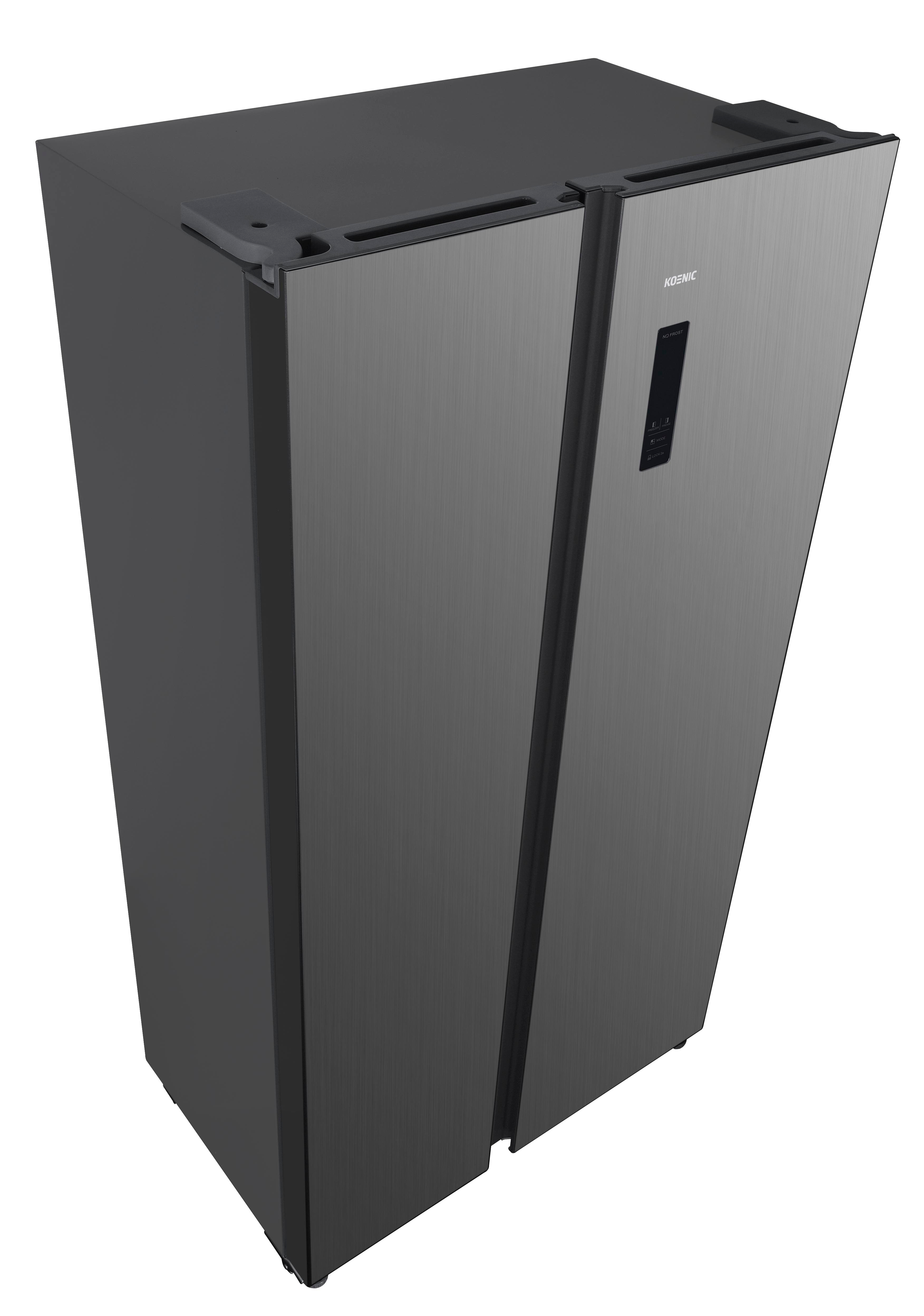 Dunkelgrauer Side-by-Side-Kühlschrank. Draufsicht, zwei Türen, schwarze Griffe und Display.