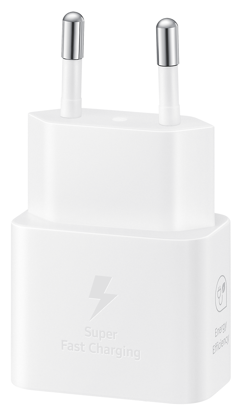 Fehér gyorstöltő adapter villám szimbólummal és a 'Super Fast Charging' felirattal.