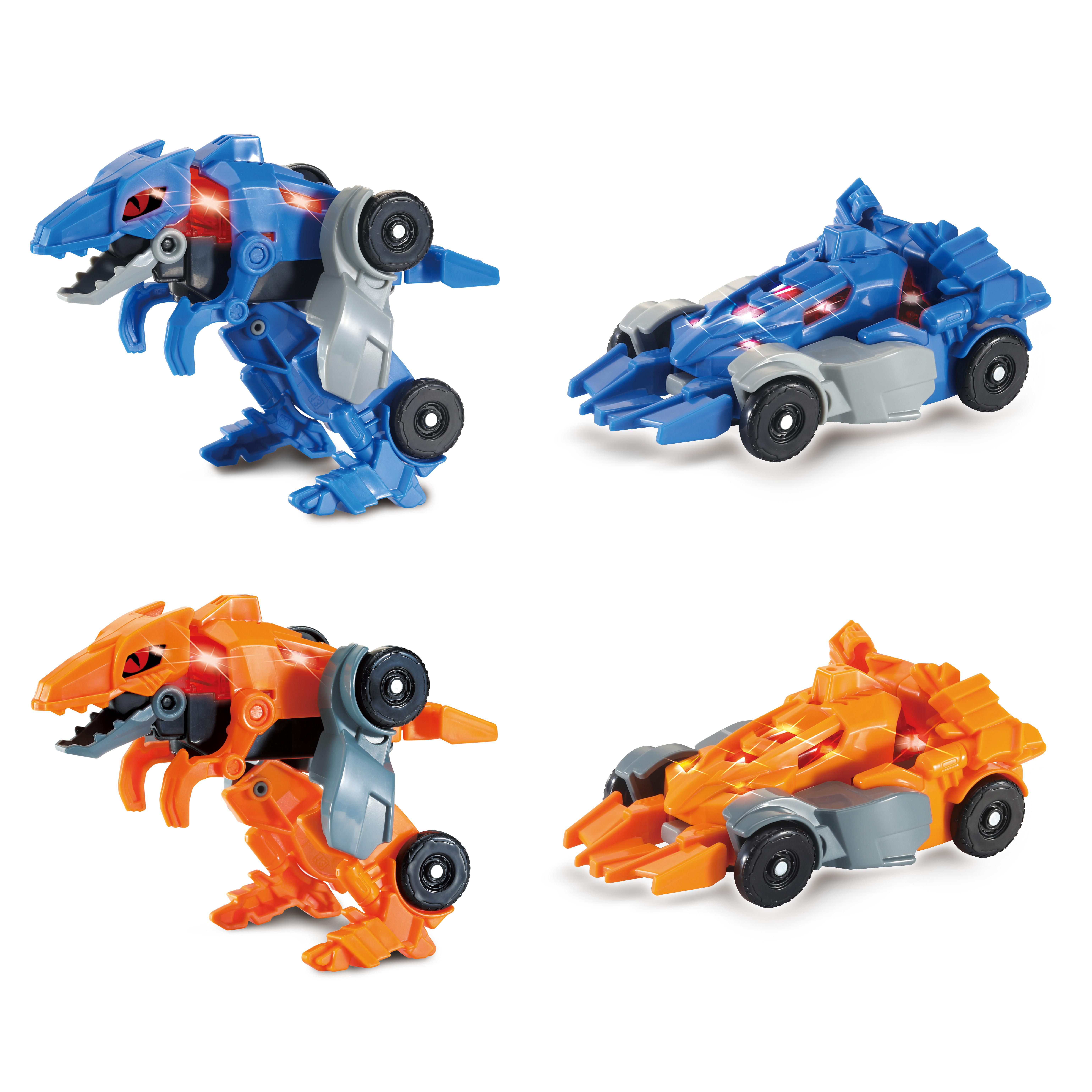 Vier Spielzeug-Roboter-Dinosaurier. Zwei sind blau und zwei sind orange. Sie verwandeln sich in Autos.