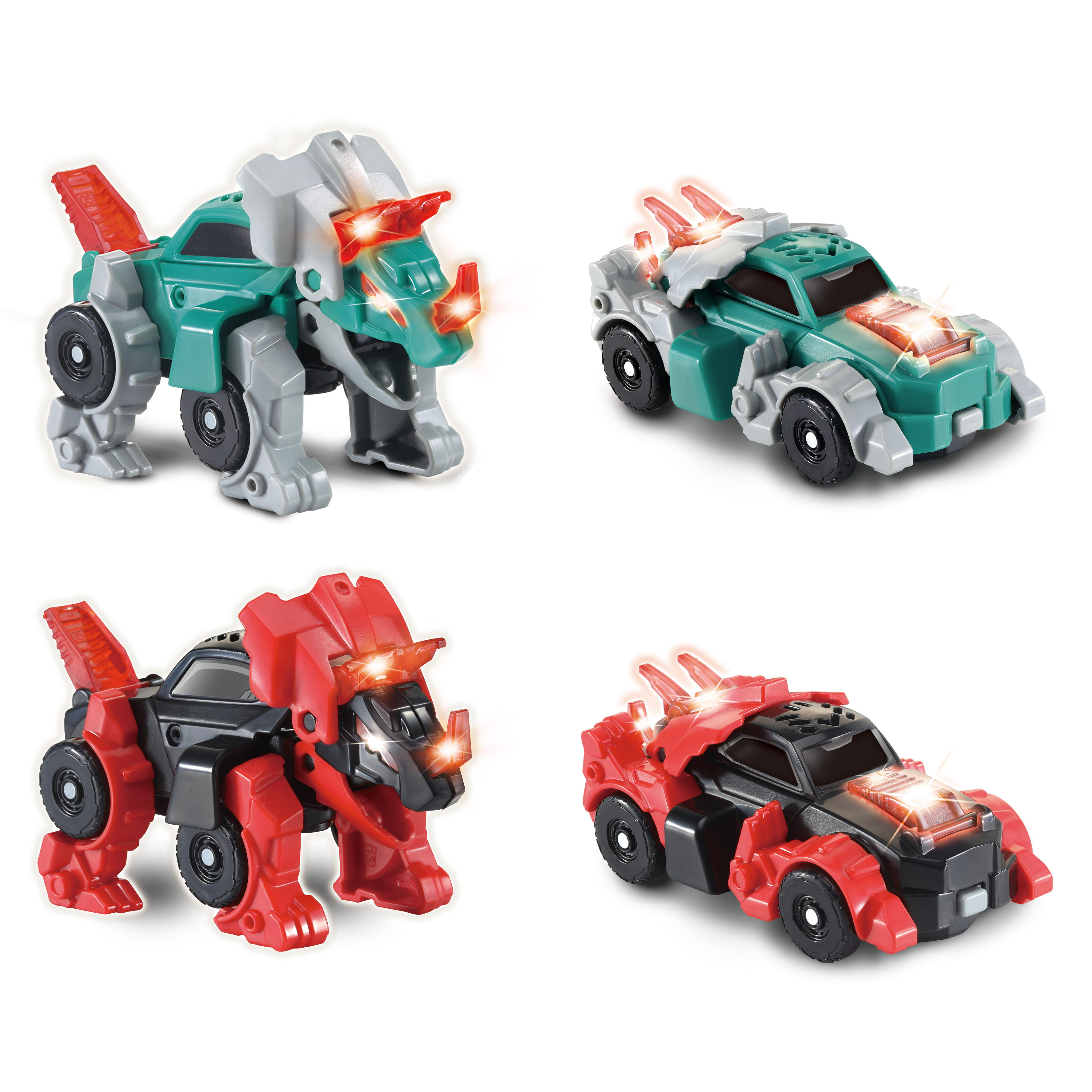 Vier Spielzeugautos, die sich in Dinosaurier verwandeln.