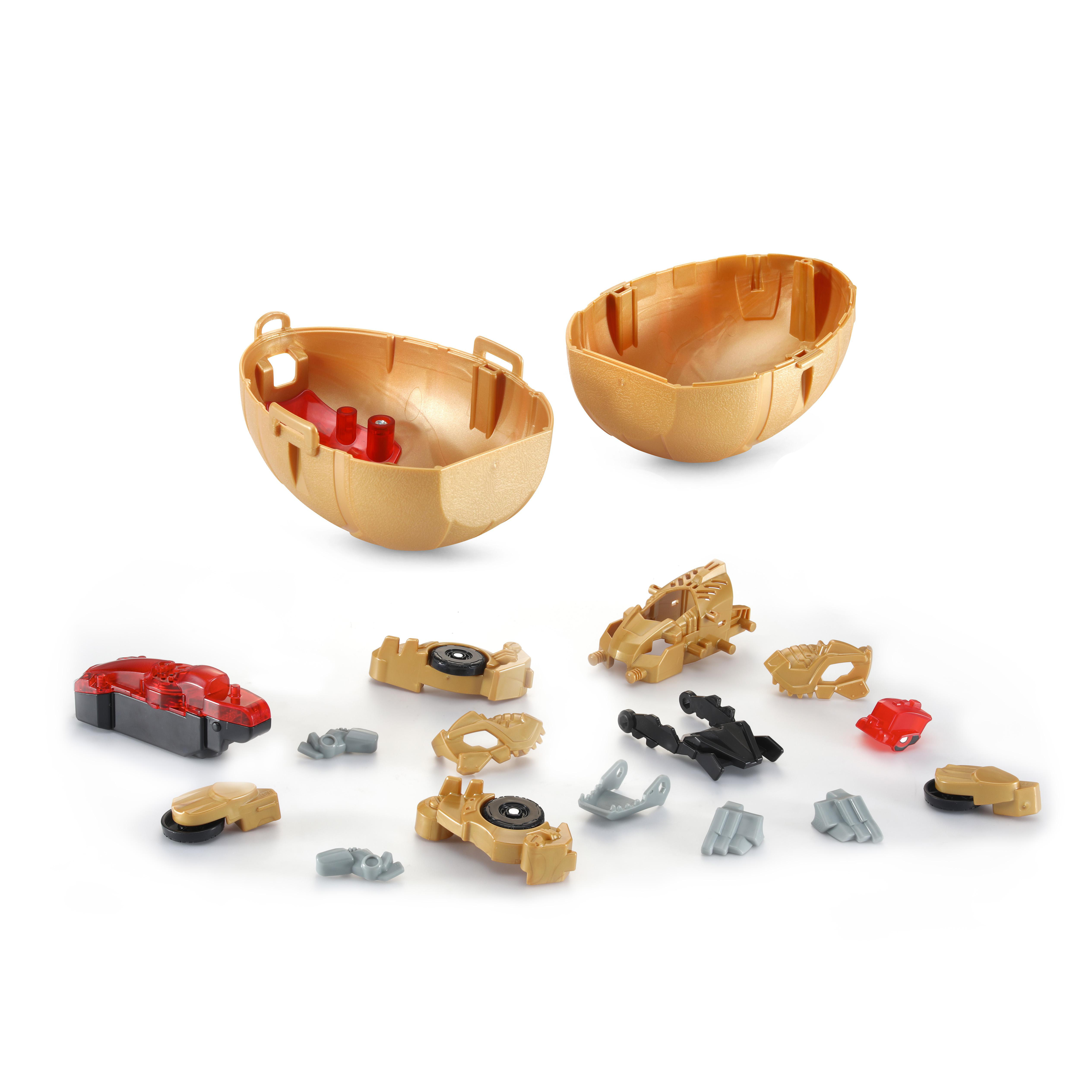 Goldfarbener eiförmiger Behälter mit Teilen verschiedener Lego-Teile. Einige rot, grau und gold.