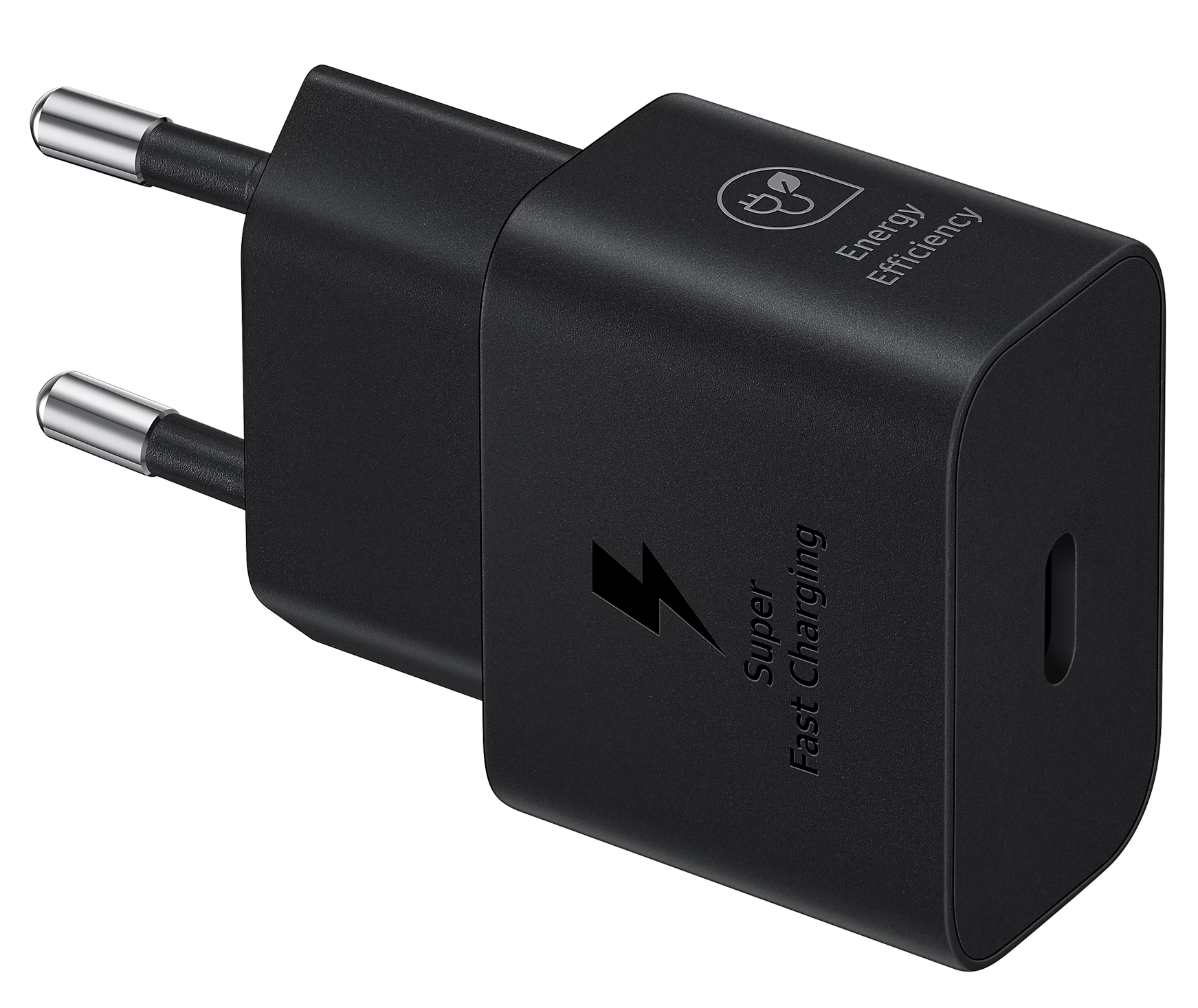 Fekete Samsung töltőadapter 'Super Fast Charging' felirattal és energiahatékonysági logóval.